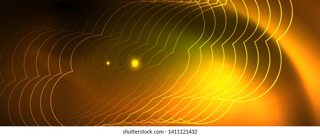 Techno glowing background, futuristic dark template with neon light effects and simple forms