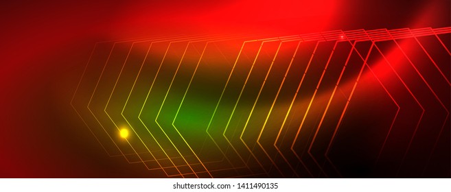 Techno glowing background, futuristic dark template with neon light effects and simple forms