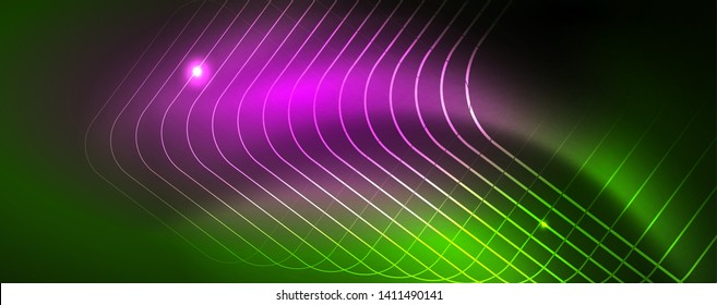 Fondo tecno brillante, plantilla oscura futurista con efectos de neón y formas simples