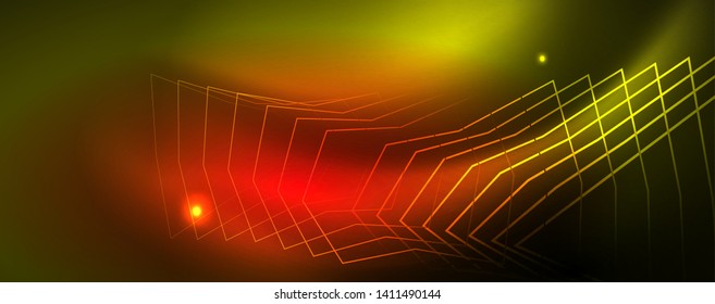 Techno glowing background, futuristic dark template with neon light effects and simple forms