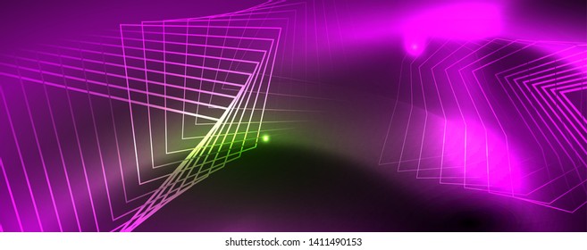 Techno glowing background, futuristic dark template with neon light effects and simple forms