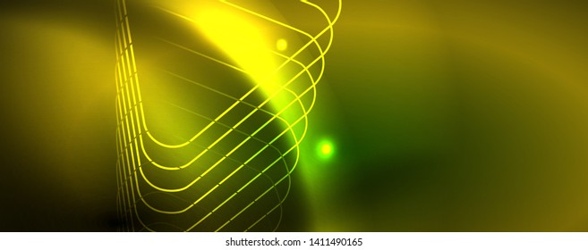 Techno glowing background, futuristic dark template with neon light effects and simple forms
