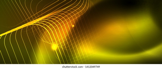 Fondo tecno brillante, plantilla oscura futurista con efectos de neón y formas simples