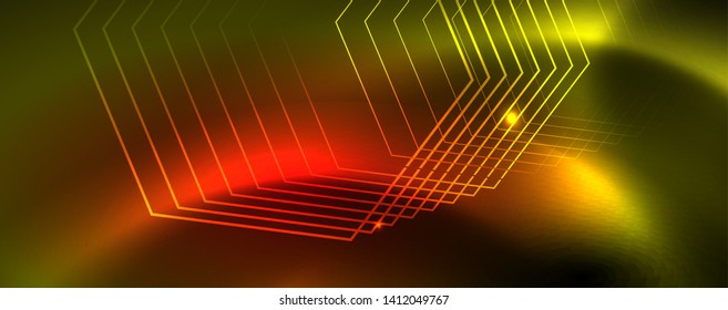 Techno glowing background, futuristic dark template with neon light effects and simple forms