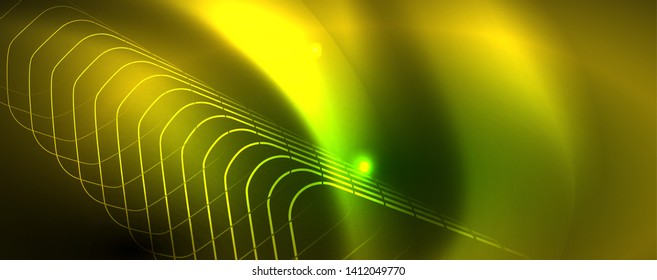 Techno glowing background, futuristic dark template with neon light effects and simple forms