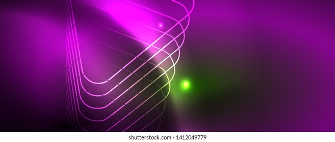 Techno glowing background, futuristic dark template with neon light effects and simple forms
