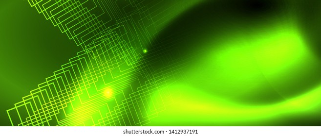 Techno glowing background, futuristic dark template with neon light effects and simple forms