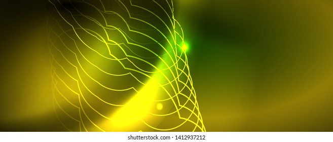 Techno glowing background, futuristic dark template with neon light effects and simple forms