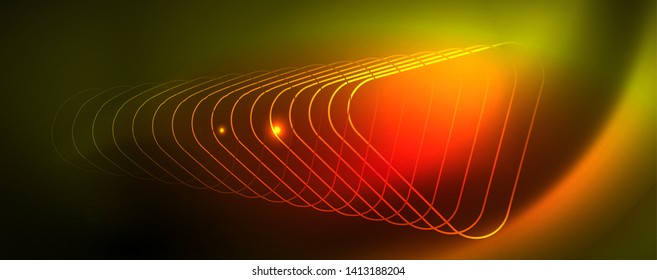 Techno glowing background, futuristic dark template with neon light effects and simple forms