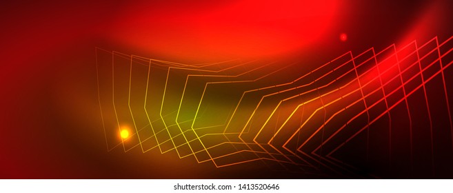 Techno glowing background, futuristic dark template with neon light effects and simple forms