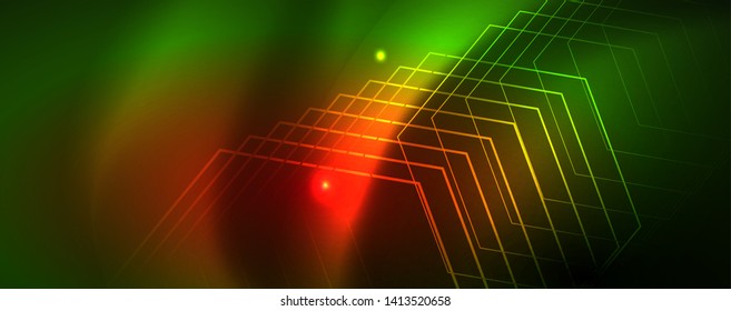 Techno glowing background, futuristic dark template with neon light effects and simple forms