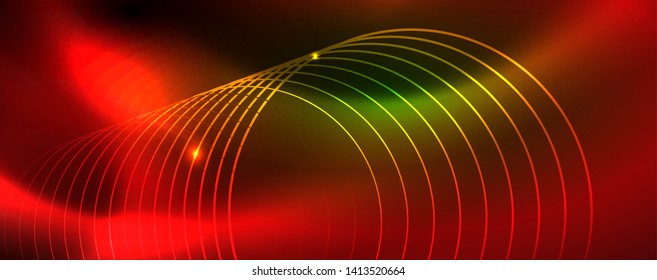 Techno glowing background, futuristic dark template with neon light effects and simple forms