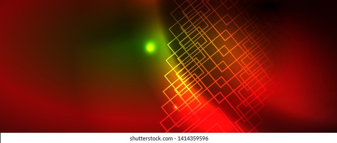 Techno glowing background, futuristic dark template with neon light effects and simple forms