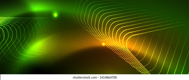 Techno glowing background, futuristic dark template with neon light effects and simple forms