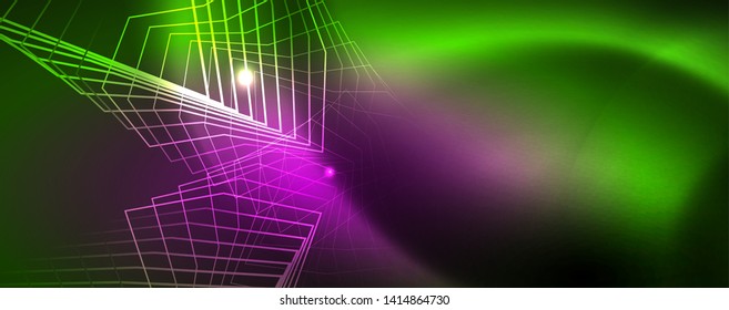 Techno glowing background, futuristic dark template with neon light effects and simple forms