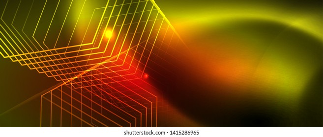 Techno glowing background, futuristic dark template with neon light effects and simple forms