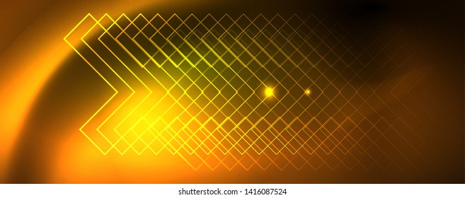 Techno glowing background, futuristic dark template with neon light effects and simple forms