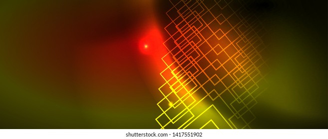 Techno glowing background, futuristic dark template with neon light effects and simple forms