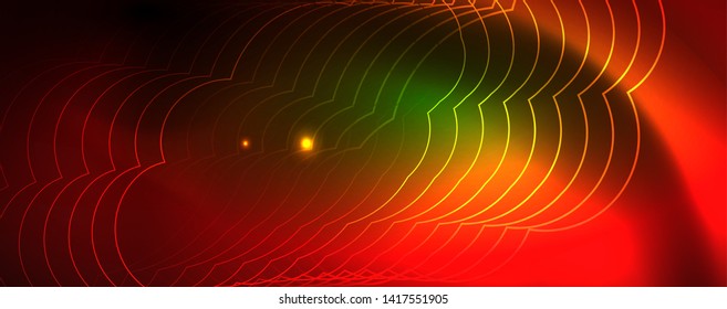 Techno glowing background, futuristic dark template with neon light effects and simple forms