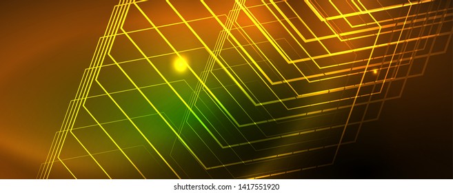 Fondo tecno brillante, plantilla oscura futurista con efectos de neón y formas simples