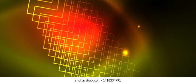 Techno glowing background, futuristic dark template with neon light effects and simple forms