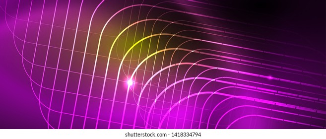 Techno glowing background, futuristic dark template with neon light effects and simple forms