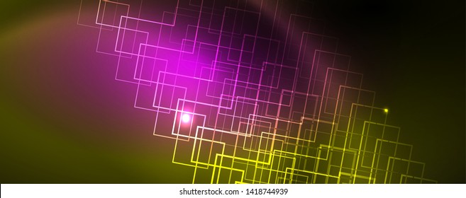 Techno glowing background, futuristic dark template with neon light effects and simple forms