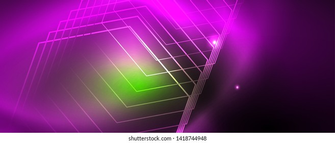 Techno glowing background, futuristic dark template with neon light effects and simple forms