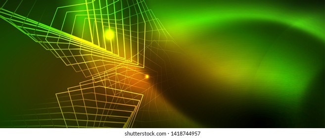 Fondo tecno brillante, plantilla oscura futurista con efectos de neón y formas simples