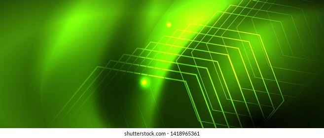 Techno glowing background, futuristic dark template with neon light effects and simple forms