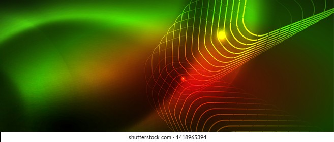 Fondo tecno brillante, plantilla oscura futurista con efectos de neón y formas simples