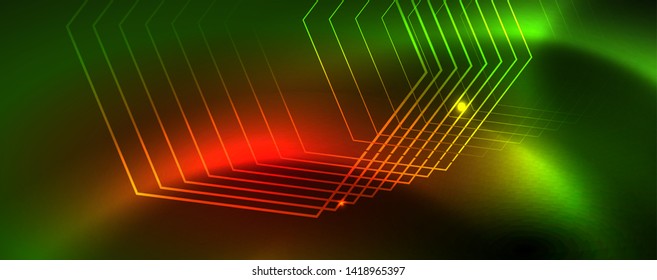 Techno glowing background, futuristic dark template with neon light effects and simple forms