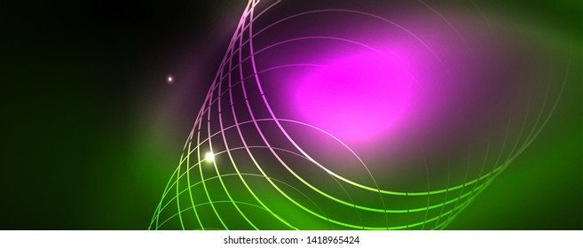 Techno glowing background, futuristic dark template with neon light effects and simple forms