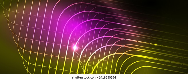 Techno glowing background, futuristic dark template with neon light effects and simple forms