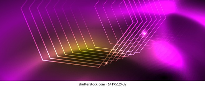 Techno glowing background, futuristic dark template with neon light effects and simple forms
