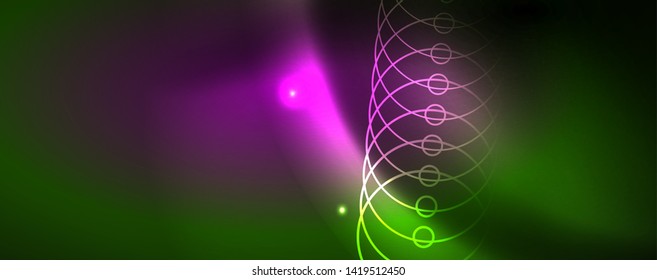 Techno glowing background, futuristic dark template with neon light effects and simple forms