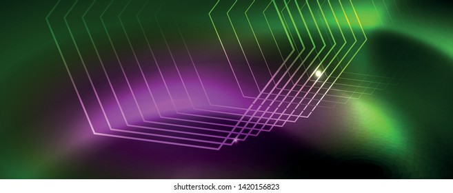 Fondo tecno brillante, plantilla oscura futurista con efectos de neón y formas simples