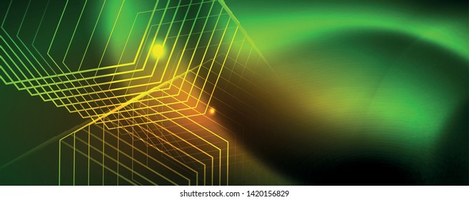Techno glowing background, futuristic dark template with neon light effects and simple forms