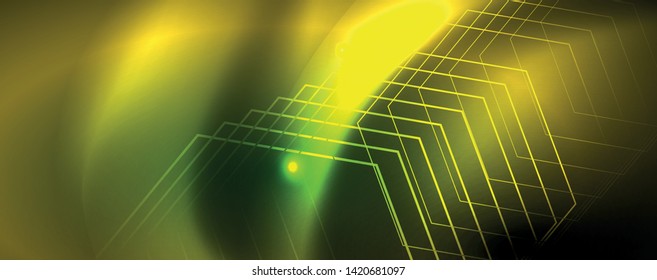 Techno glowing background, futuristic dark template with neon light effects and simple forms