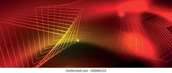 Techno glowing background, futuristic dark template with neon light effects and simple forms