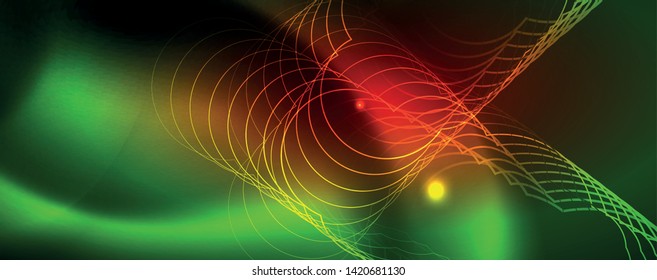 Techno glowing background, futuristic dark template with neon light effects and simple forms