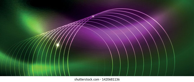 Techno glowing background, futuristic dark template with neon light effects and simple forms