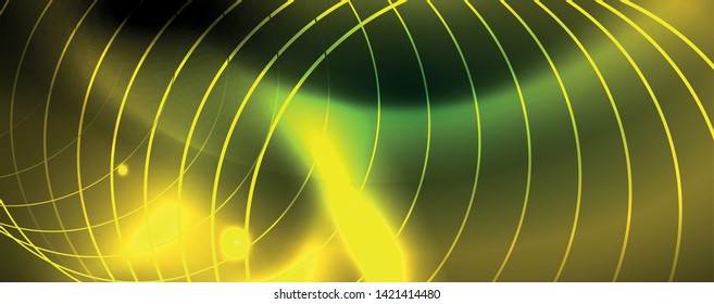 Techno glowing background, futuristic dark template with neon light effects and simple forms
