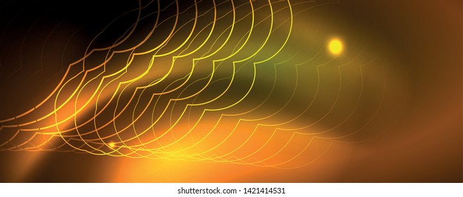 Fondo tecno brillante, plantilla oscura futurista con efectos de neón y formas simples