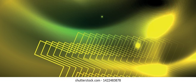 Techno glowing background, futuristic dark template with neon light effects and simple forms