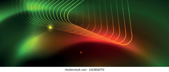 Techno glowing background, futuristic dark template with neon light effects and simple forms