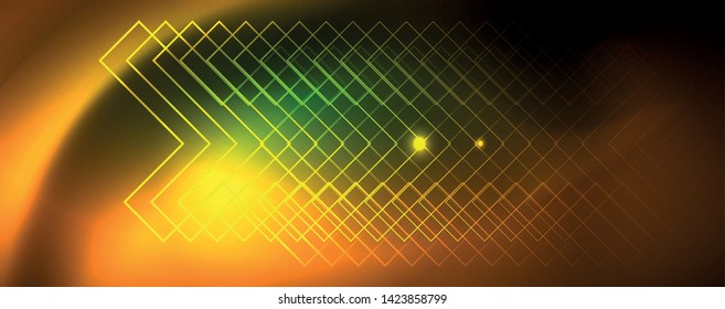 Fondo tecno brillante, plantilla oscura futurista con efectos de neón y formas simples