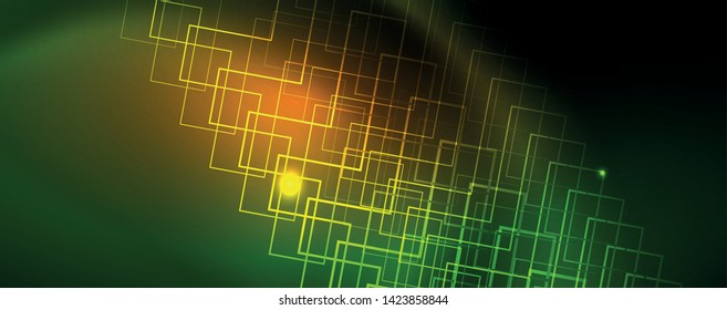 Techno glowing background, futuristic dark template with neon light effects and simple forms