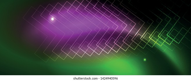 Techno glowing background, futuristic dark template with neon light effects and simple forms