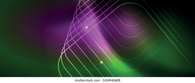 Techno glowing background, futuristic dark template with neon light effects and simple forms